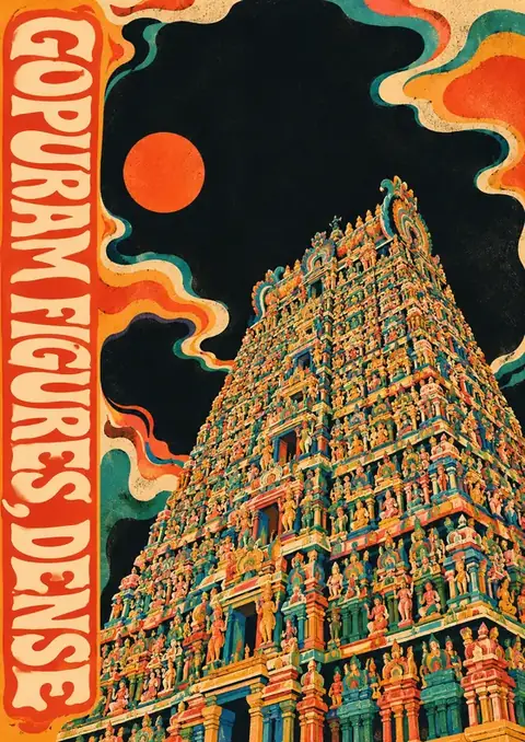 Gopuram Figures, Dense poster, Psychedelic poster, orange & black