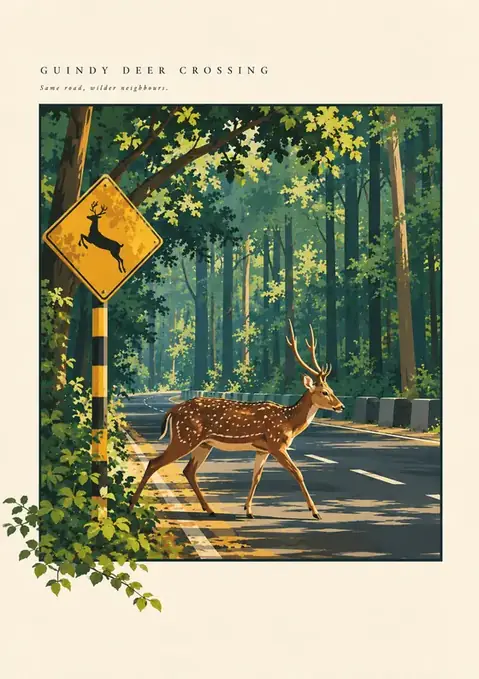 Guindy Deer Crossing poster, Travel-poster gouache, forest green