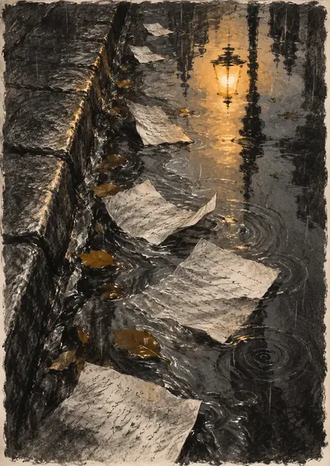 Letters in the Rain poster, Charcoal and ink