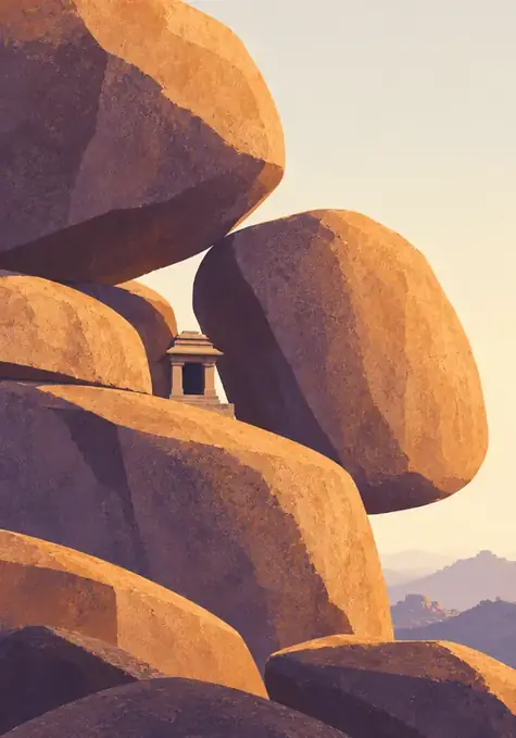 Hampi poster, Flat render, granite gold & violet