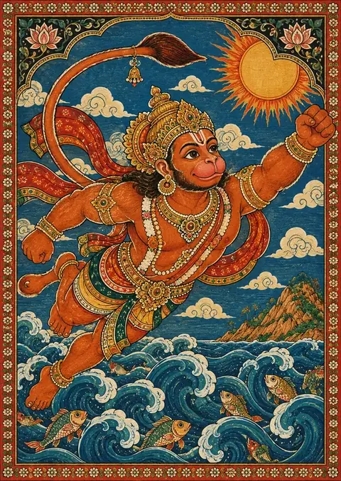 Hanuman Over the Ocean poster, Folk scroll painting, red border