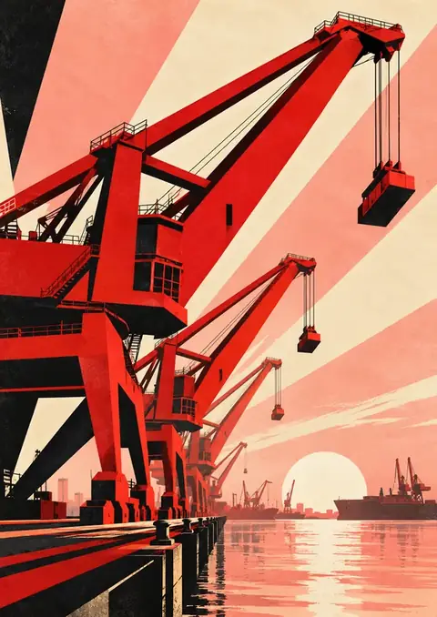 Harbour Cranes poster, Retro poster, red & pink