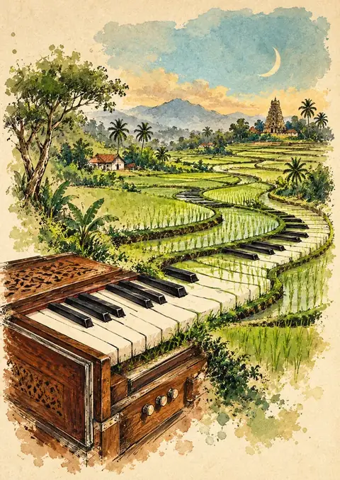 Harmonium Fields poster, Watercolour and ink