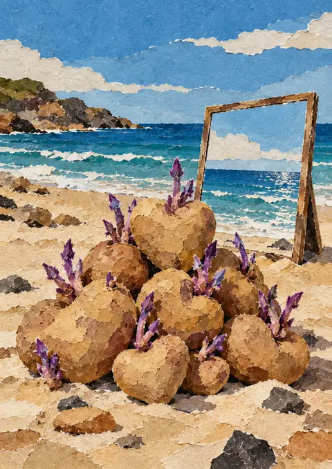 Heart-Shaped Potatoes poster, Torn-paper collage