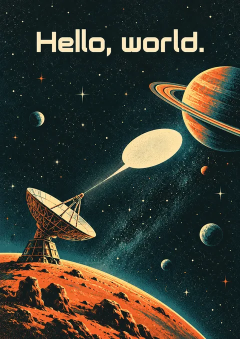 Hello, World poster, Retro-futurist space art