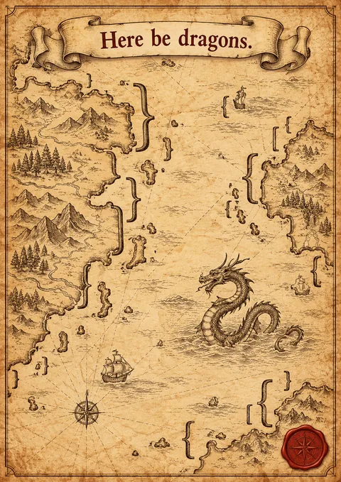 Here Be Dragons poster, Antique engraved map