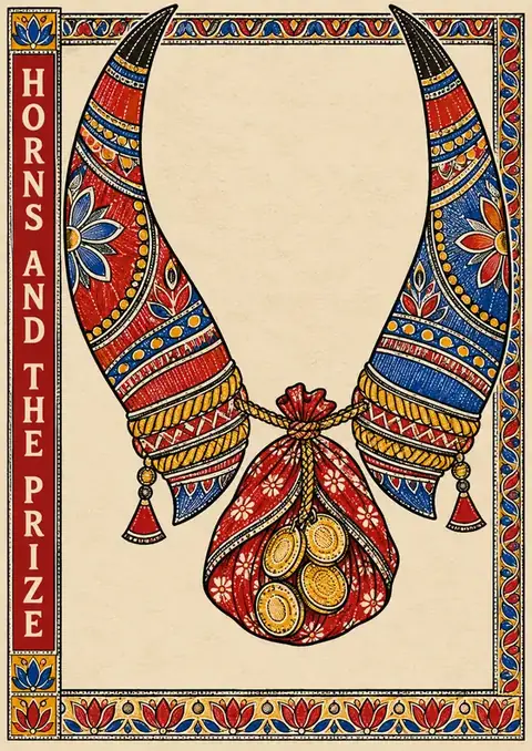 Horns and the Prize poster, Madhubani line-fill, red & blue