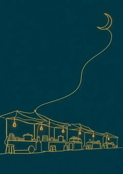 Iftar poster, Single-line drawing, teal & gold
