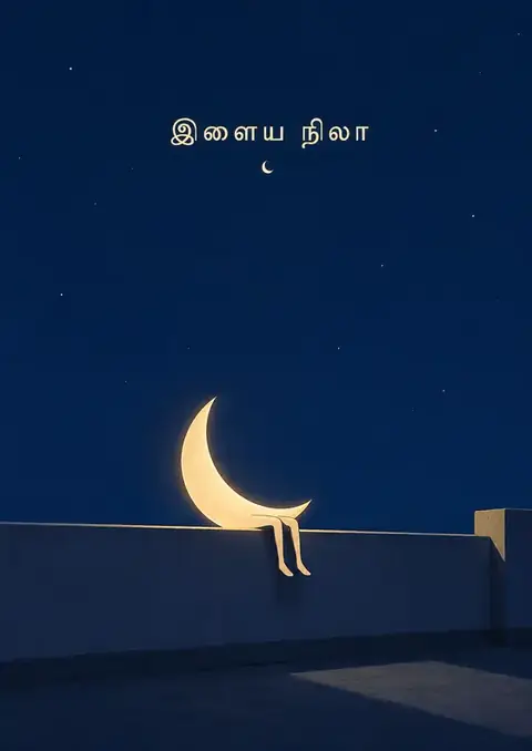 Ilaya Nila poster, Night-blue render, gold Tamil type