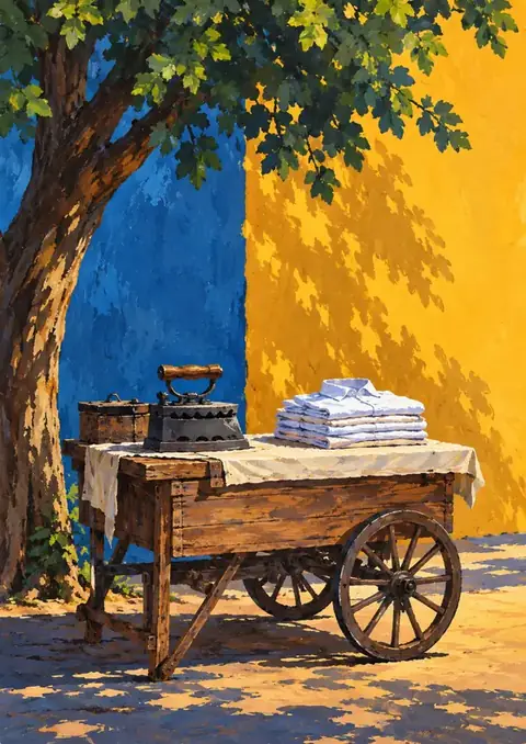 The Ironing Cart poster, Gouache, blue & yellow