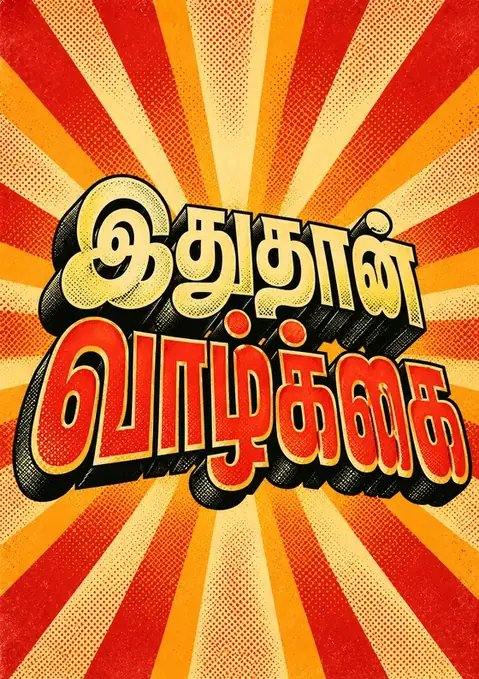 Ithuthan Vaazhkai poster, Retro film lettering, sunburst