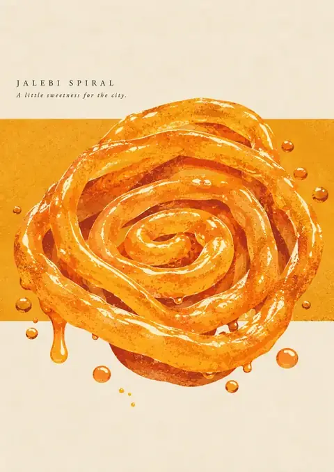 Jalebi Spiral poster, Glossy illustration on mustard & cream