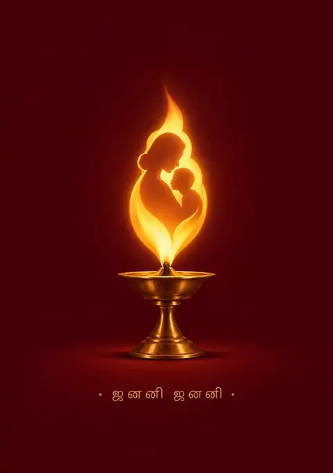Janani Janani poster, Lamp-lit render, maroon & brass