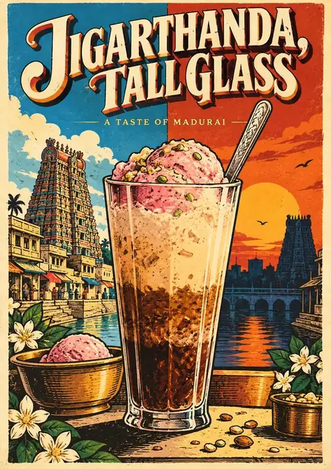Jigarthanda, Tall Glass poster, Retro food poster, vintage colour