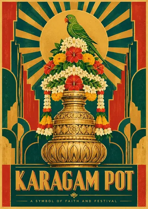 Karagam Pot poster, Art Deco poster, teal, red & gold