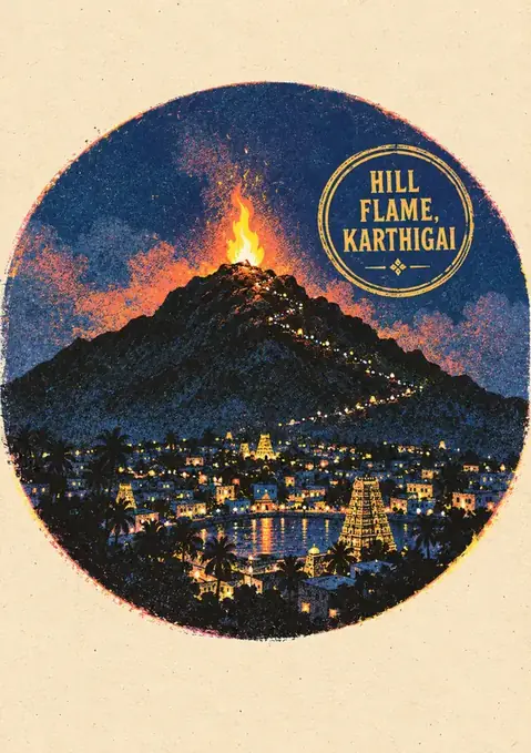 Hill Flame, Karthigai poster, Stippled night illustration, navy & flame