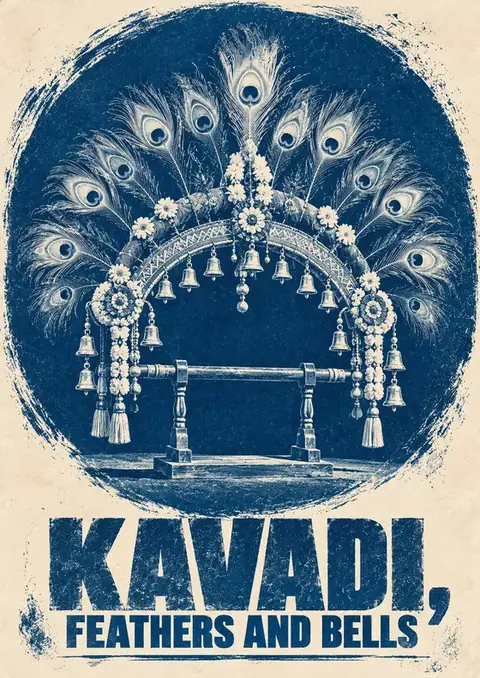 Kavadi, Feathers and Bells poster, Cyanotype, Prussian blue