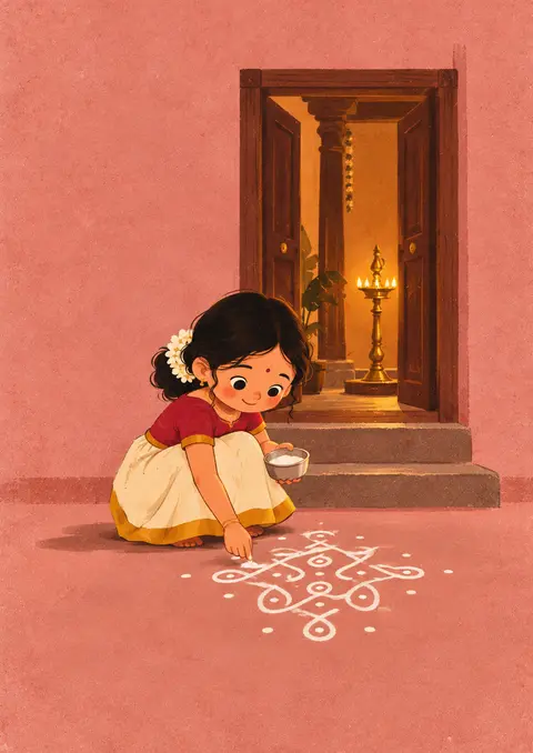 Morning Kolam poster, Cute flat illustration
