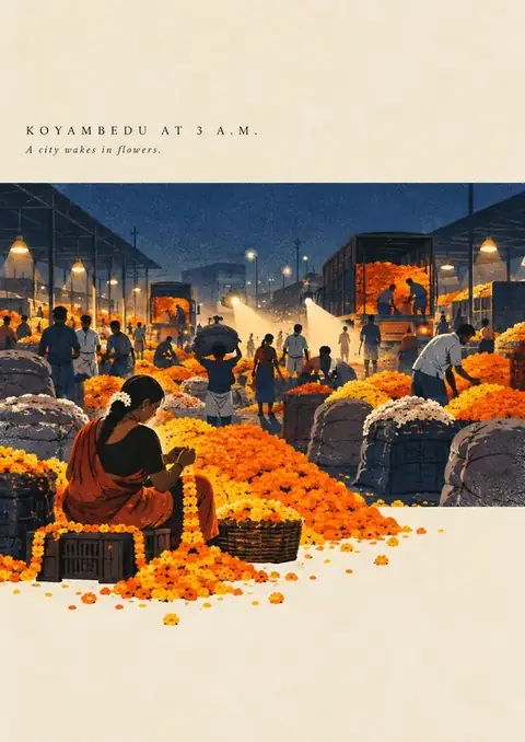 Koyambedu at 3 A.M. poster, Painterly market scene, marigold & navy