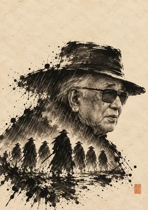 Akira Kurosawa poster, Sumi-e ink splatter on washi