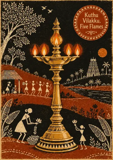 Kuthu Vilakku, Five Flames poster, Warli folk art, rust & black