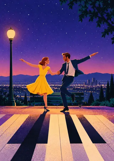 La La Land poster, Mid-century flat illustration
