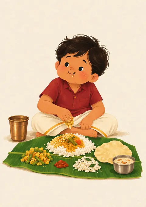 Banana-Leaf Lunch poster, Cute flat illustration