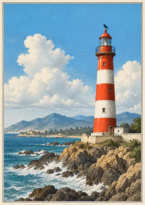 Lighthouse on the Rocks poster, Vintage engraving