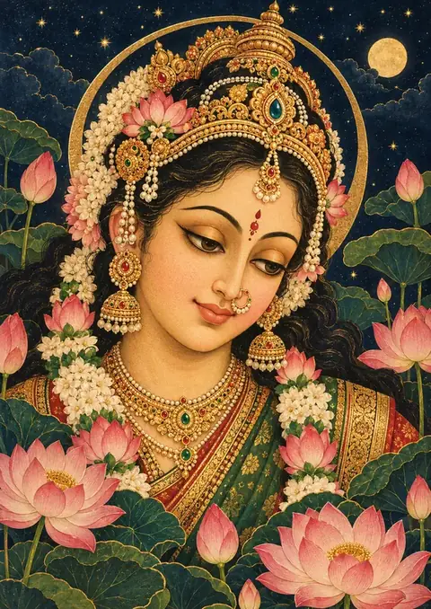 Parvati Among Lotuses poster, Traditional painting, night blue