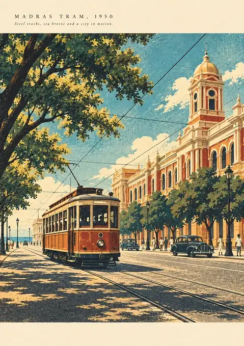 Madras Tram, 1950 poster, Vintage travel poster, sunlit
