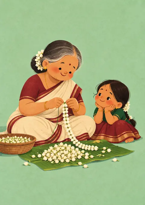Stringing Jasmine poster, Cute flat illustration