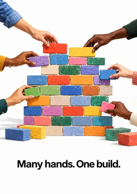 Many Hands. One Build. poster, Bright illustration