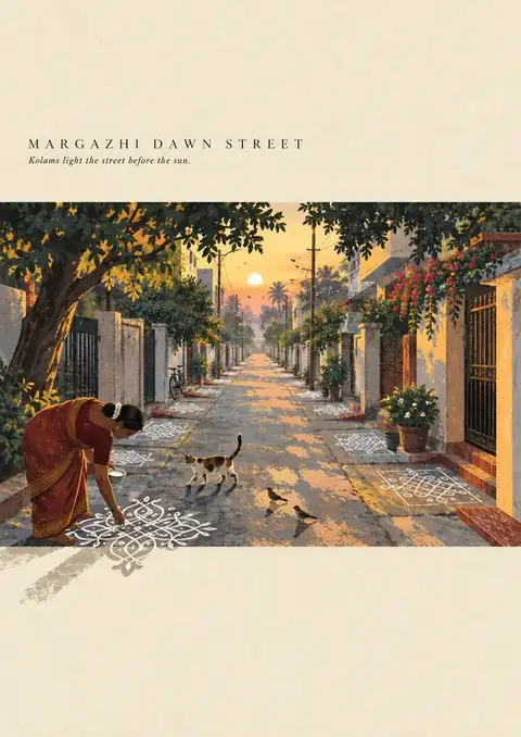 Margazhi Dawn Street poster, Golden-hour illustration