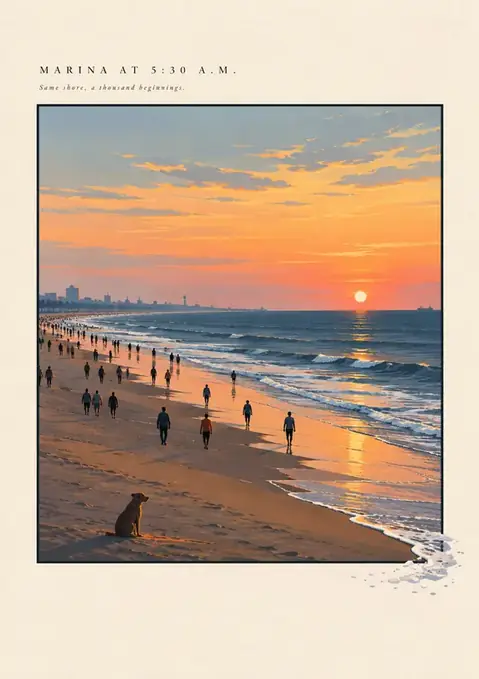 Marina at 5:30 A.M. poster, Painted seascape, dawn orange & slate