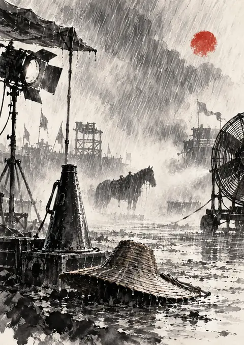 Megaphone in the Downpour poster, Sumi-e ink wash