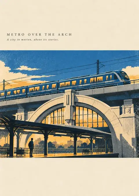 Metro Over the Arch poster, Vintage poster, blue & gold