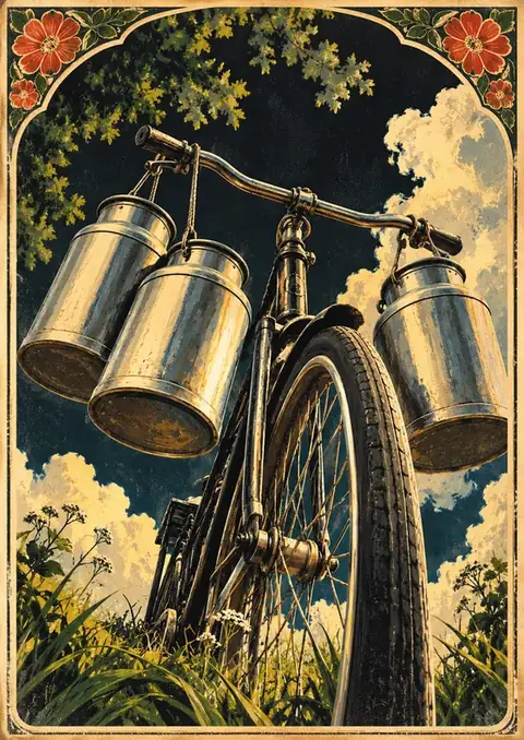The Milkman's Cycle poster, Vintage illustration, worm's-eye