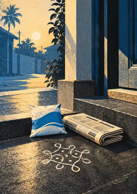 Milk Packet on the Step poster, Retro illustration, blue & gold