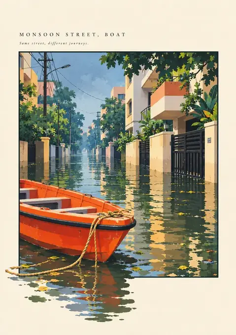 Monsoon Street, Boat poster, Painterly illustration, water & orange