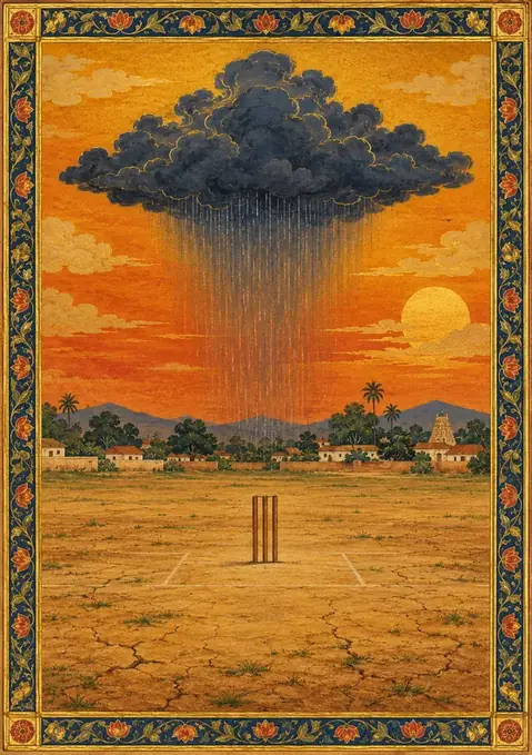 Monsoon Wicket poster, Indian miniature, gold border