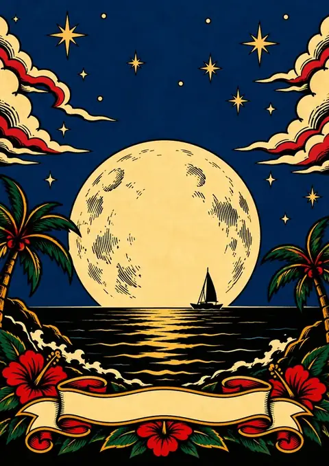 Moon Over the Bay poster, Traditional tattoo flash
