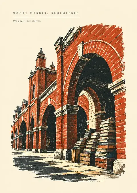 Moore Market, Remembered poster, Woodcut-style illustration, brick red