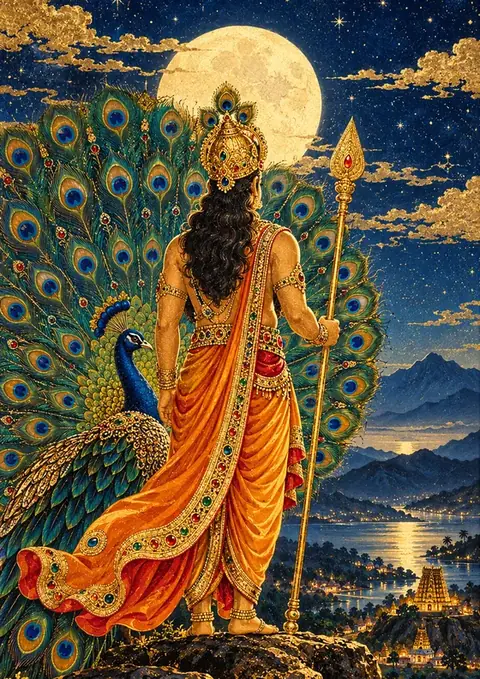 Murugan Under the Moon poster, Jewelled gold-leaf painting