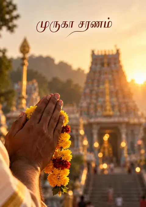 Muruga Saranam poster, Golden-hour devotional photo-painting