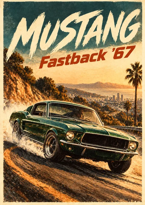 Mustang Fastback '67 poster, Painterly film-still illustration