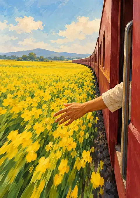 Through the Mustard Fields poster, Gouache, motion blur
