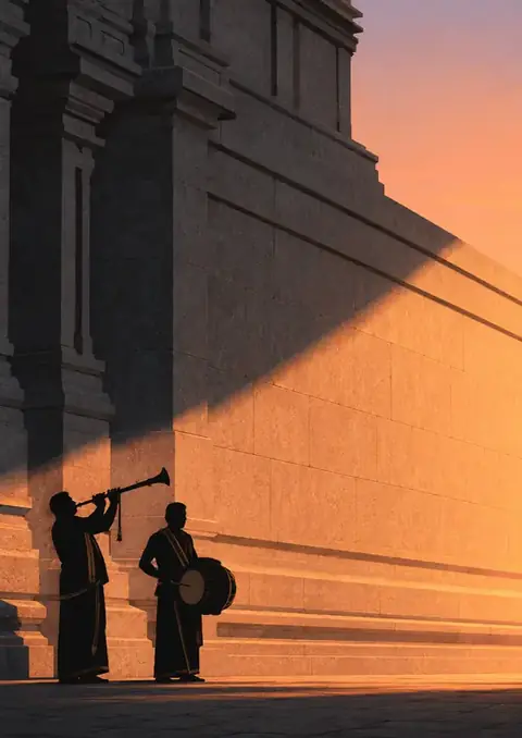 Nadaswaram poster, Silhouette at sunset, granite & amber