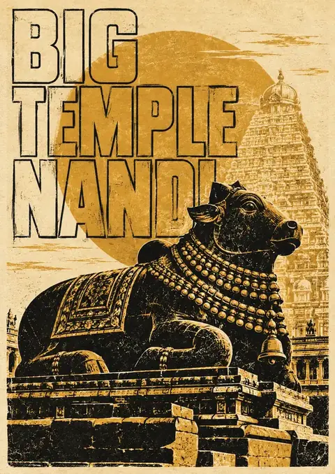 Big Temple Nandi poster, Distressed linocut, mustard & black