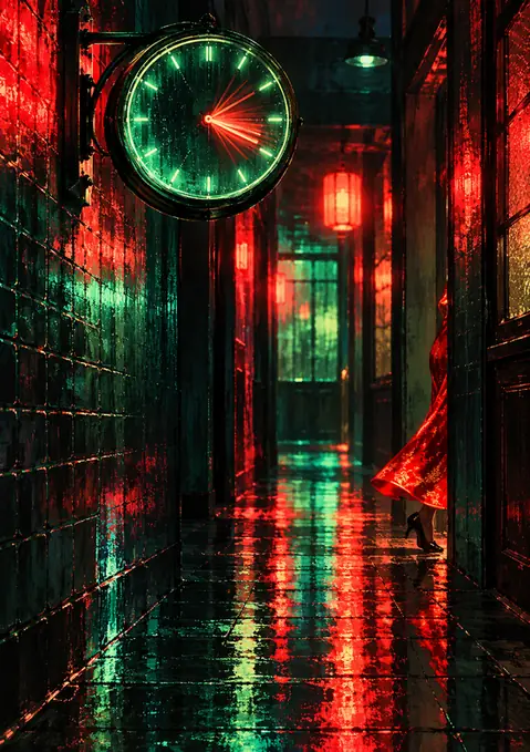 Clock in the Neon Rain poster, Neon illustration