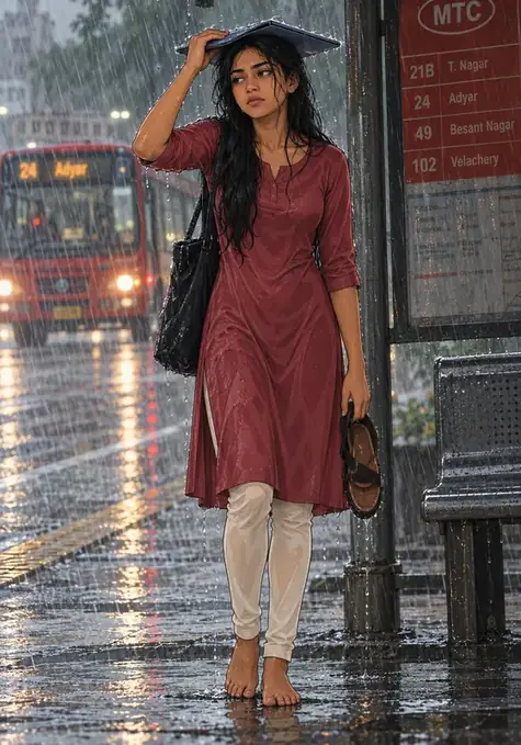 Bus Stop, Monsoon poster, Illustrated poster, rain grey & bus red